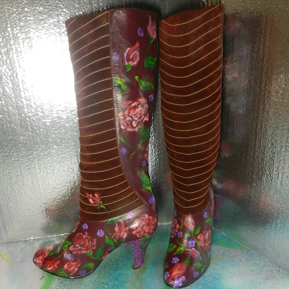 VTG OOAK floral suede boots Never Promised You a Rose Garden burgundy leather - Picture 13 of 16